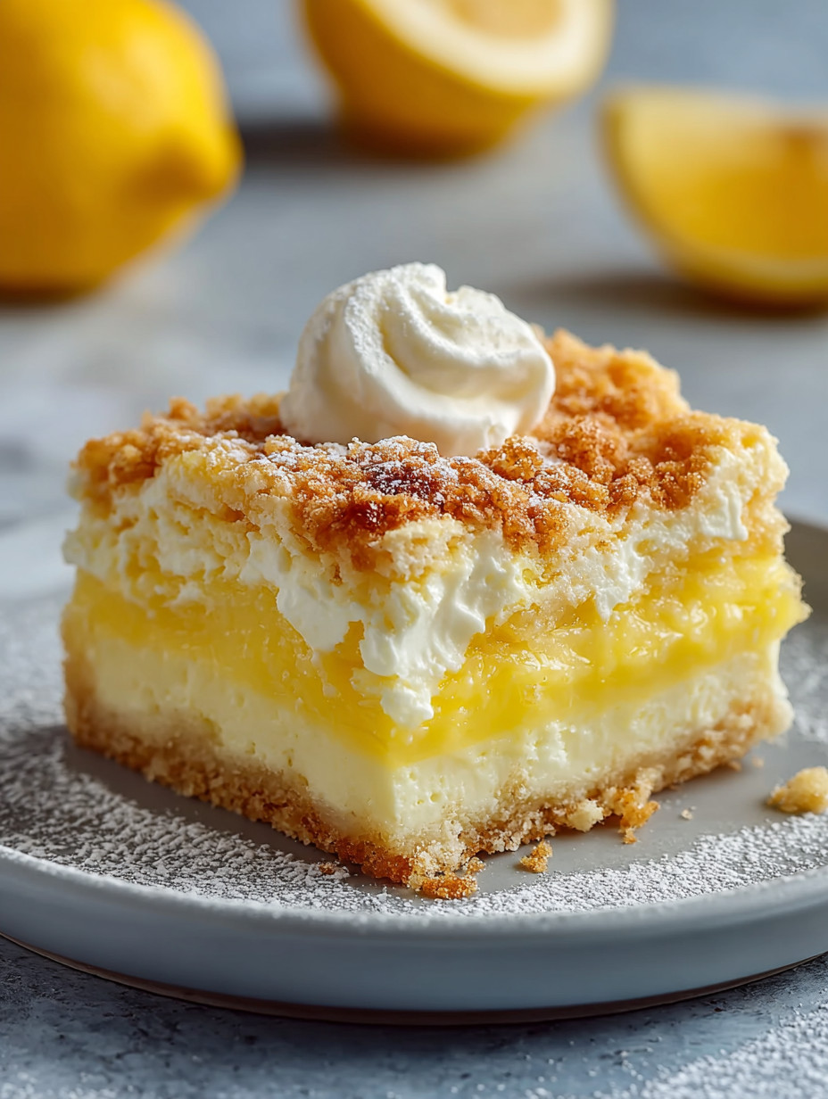 A slice of lemon cream cheese dump cake.