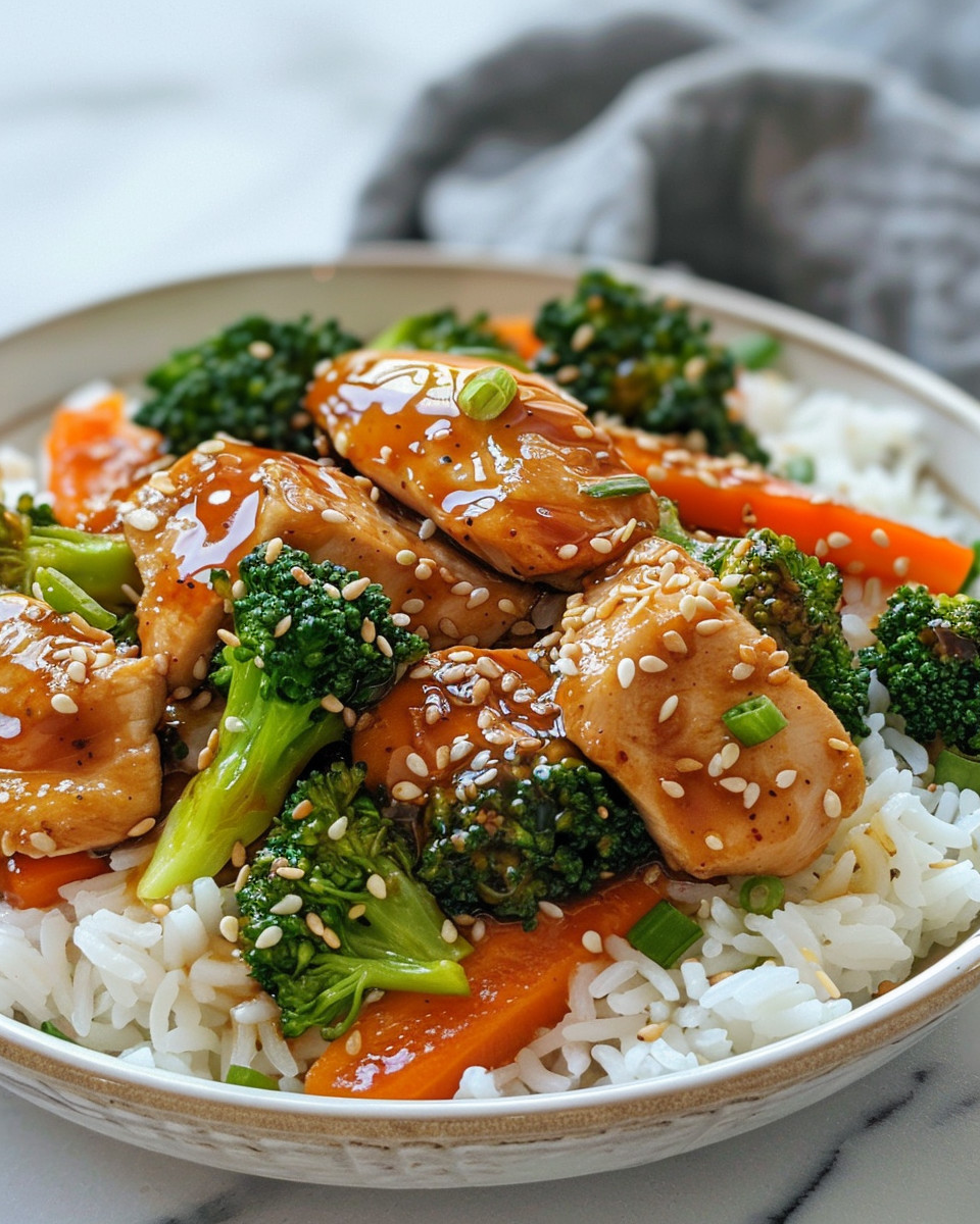A bowl of Honey Garlic Chicken with rice and broccoli.