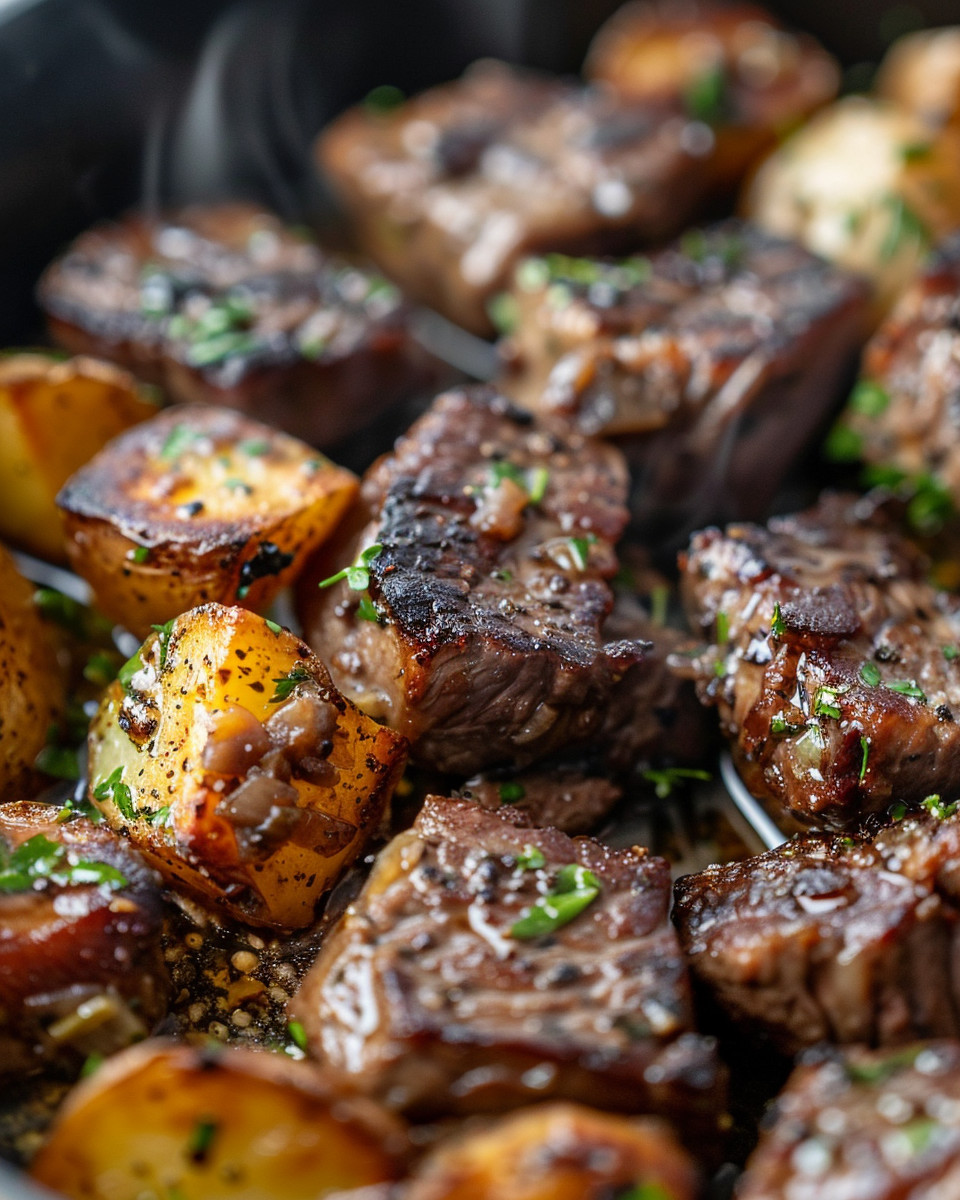 A close up of a delicious meal of steak and potatoes.