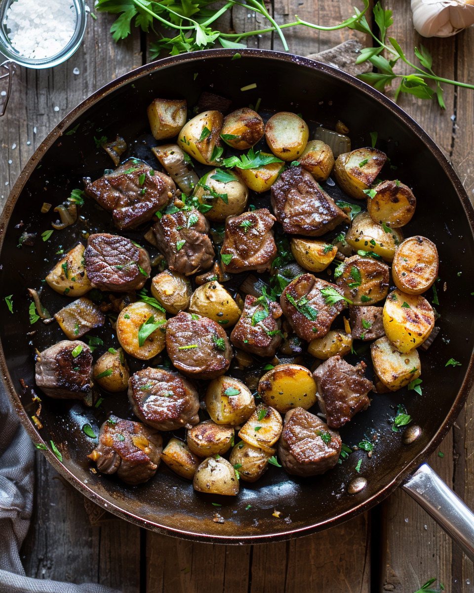 A pan of meat and potatoes.