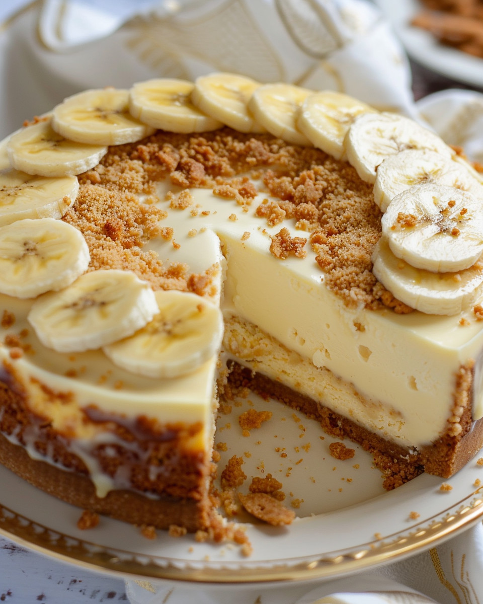 A slice of a banana pudding cheesecake.