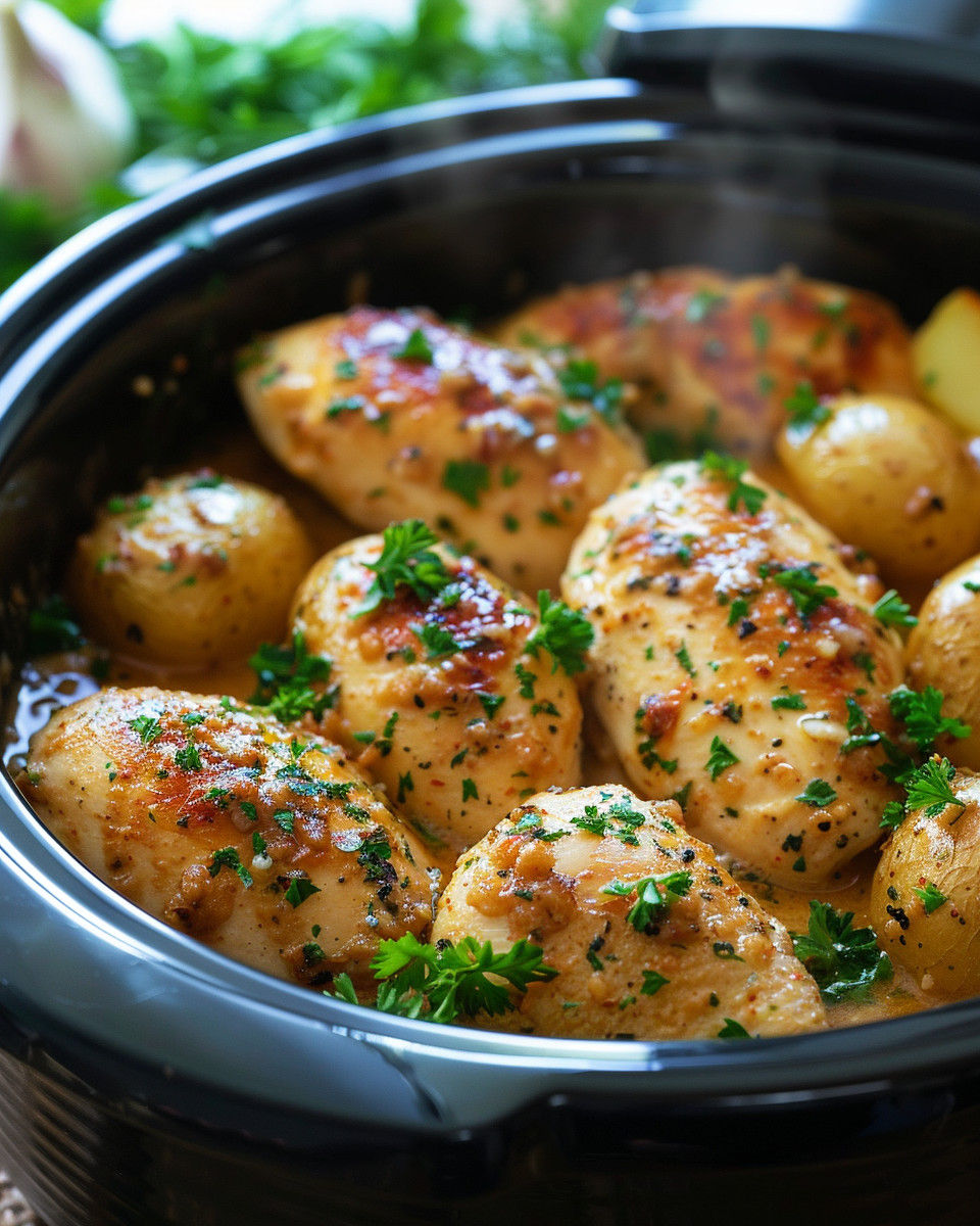 A crockpot filled with garlic parmesan chicken and potatoes.