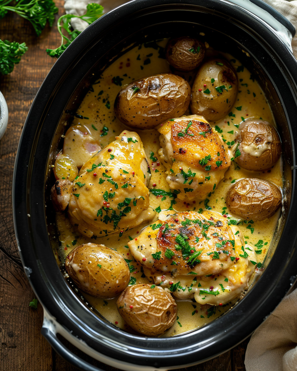 A crockpot filled with garlic parmesan chicken and potatoes.