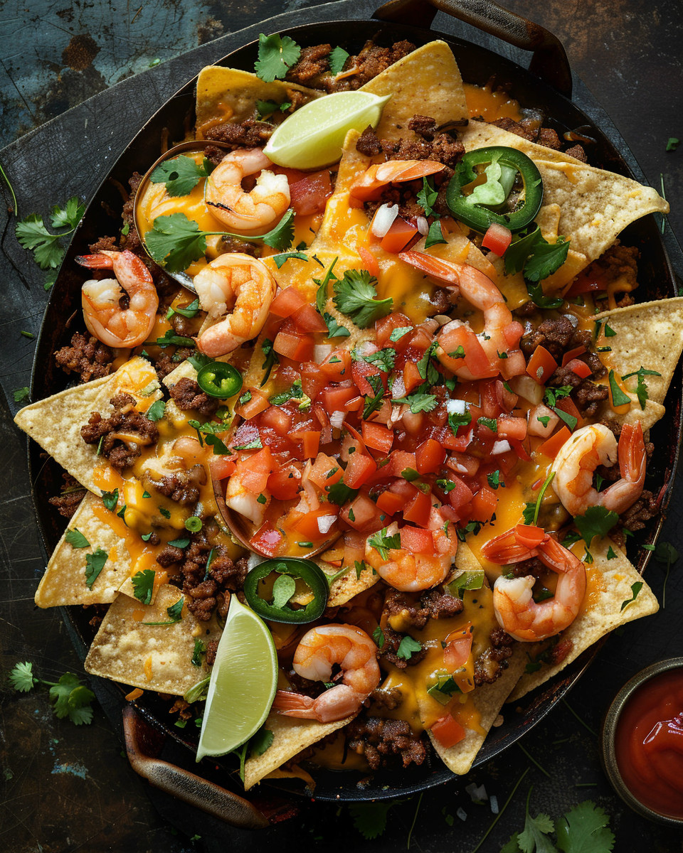 A plate of nacho fries with shrimp and beef.
