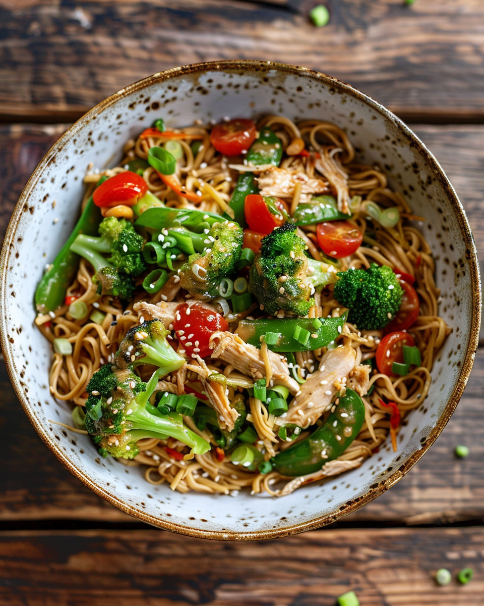 A bowl of Thai chicken peanut noodles.