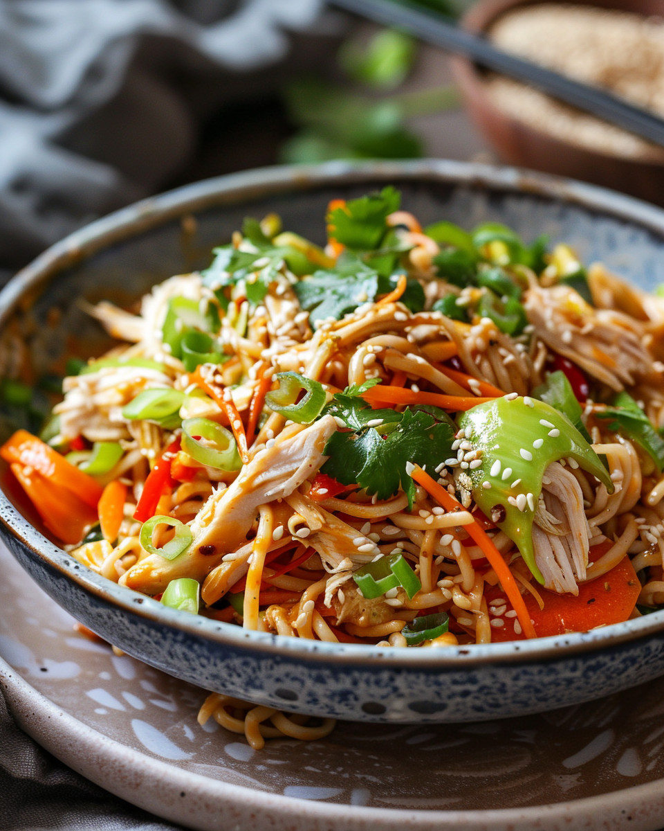A bowl of Thai chicken peanut noodles.
