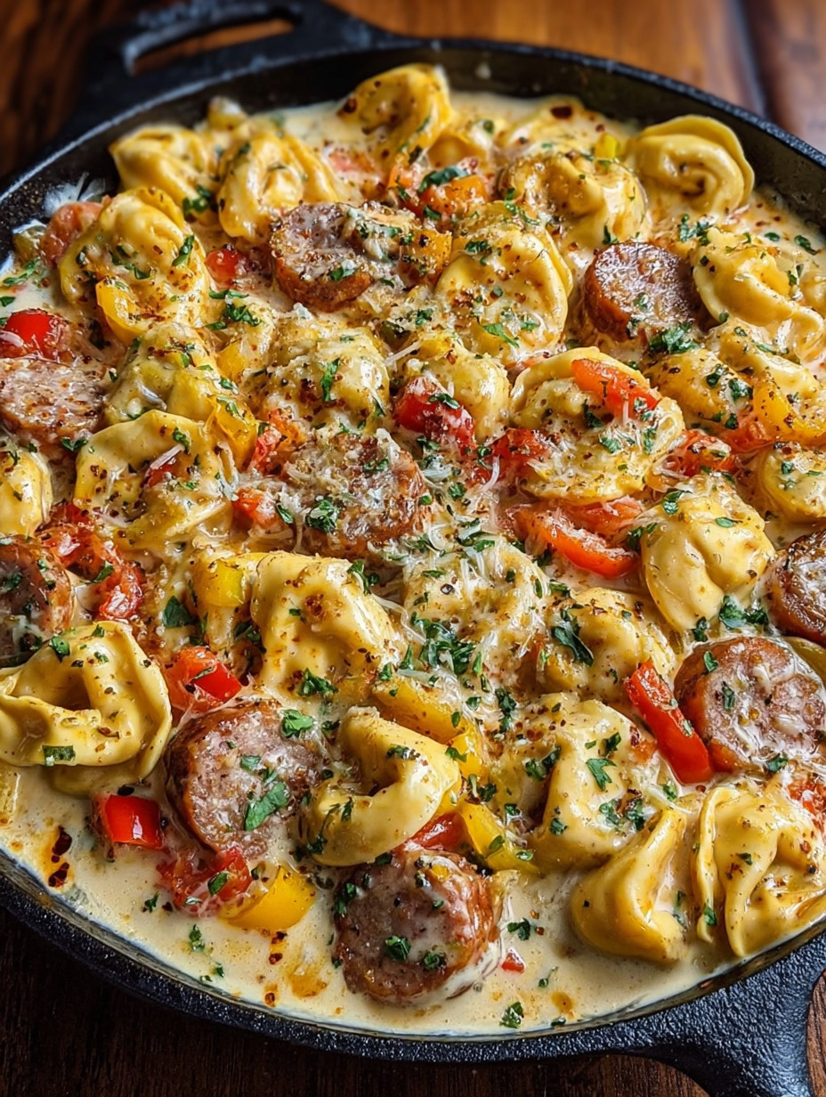 A skillet filled with a delicious meal of pasta, sausage, tomatoes, and cheese.