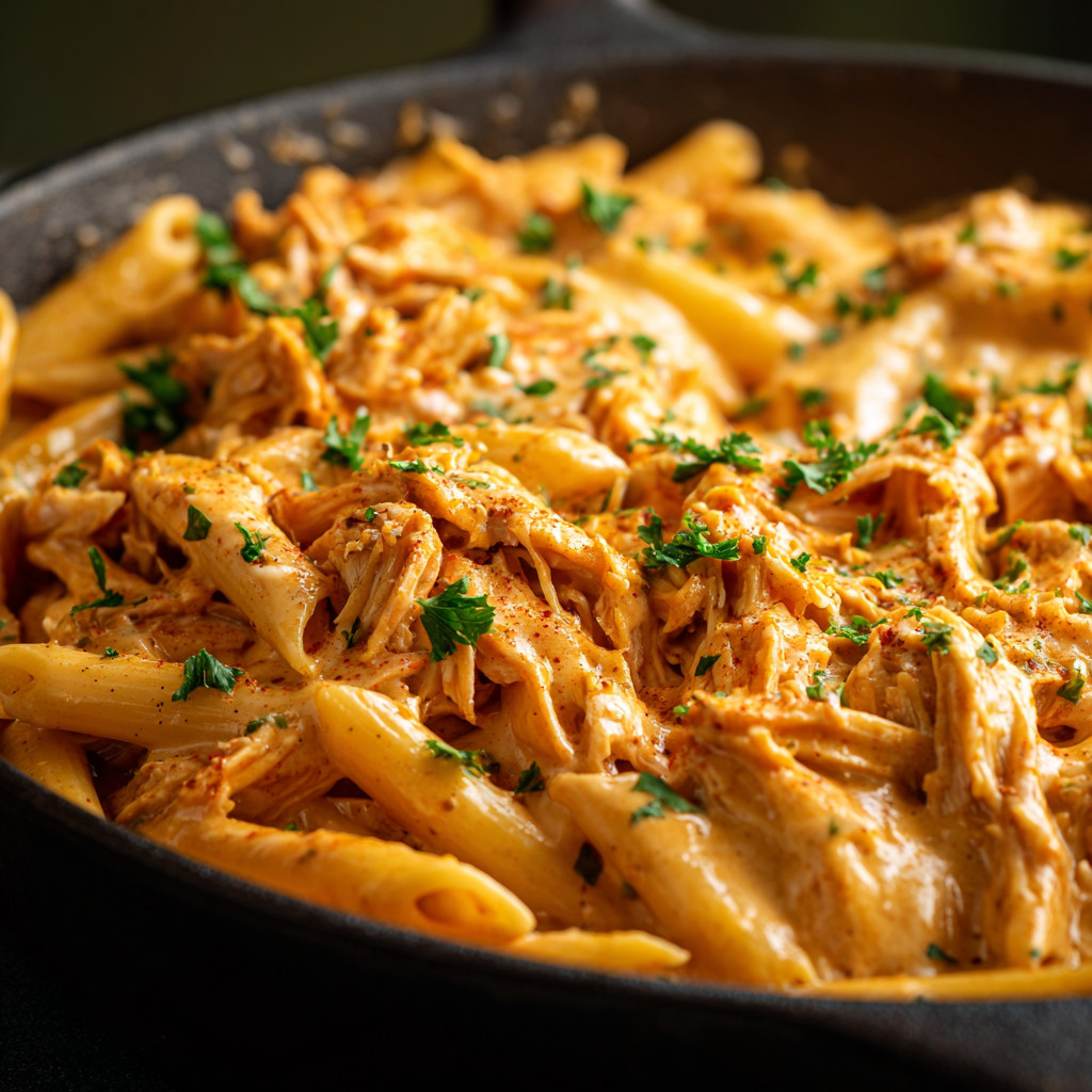 A skillet of BBQ chicken and cheese pasta.