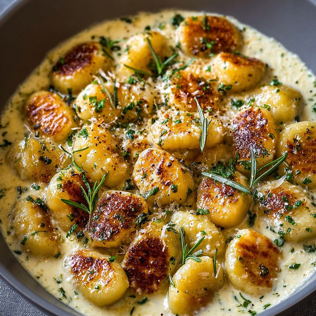 A bowl of gnocchi with a creamy sauce.