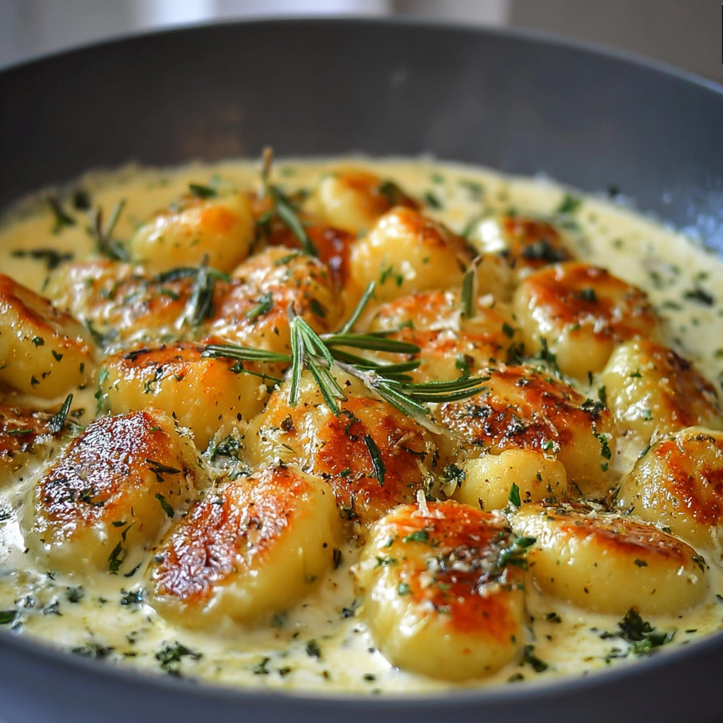 A bowl of gnocchi with a creamy sauce.