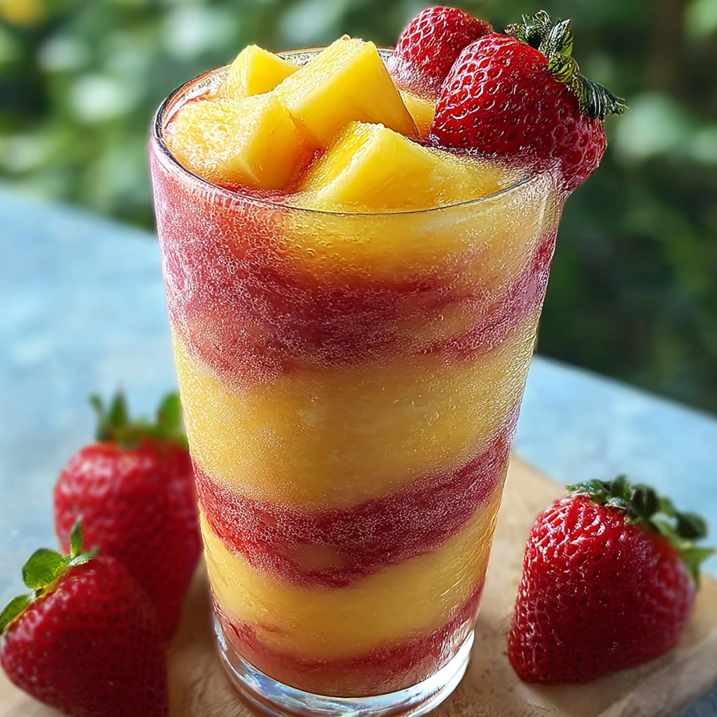 A glass of pineapple strawberry swirled slushies.