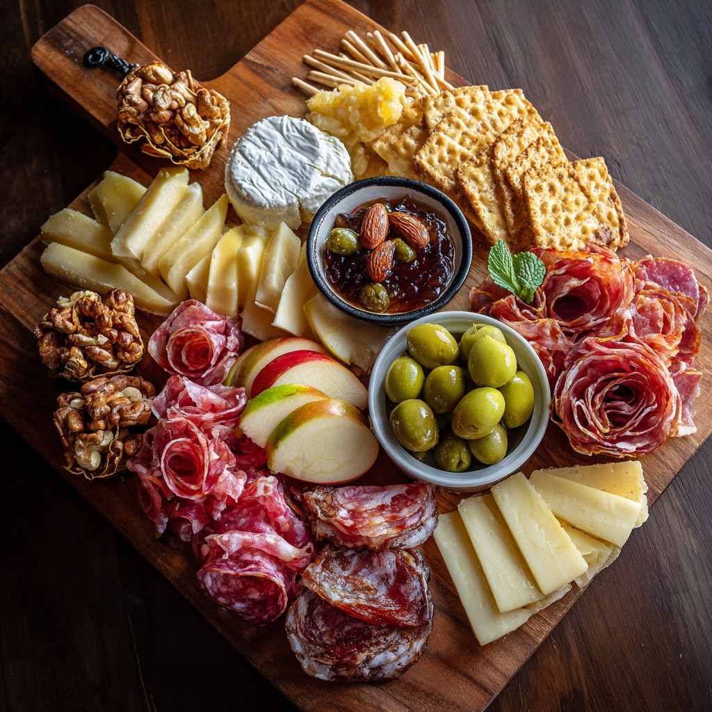 A wooden cutting board with a variety of cheeses and meats.