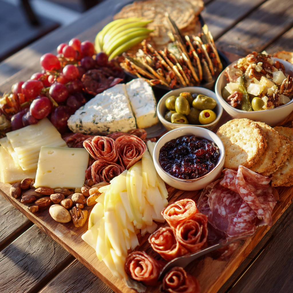 A wooden cutting board with a variety of cheeses, meats, and fruits.