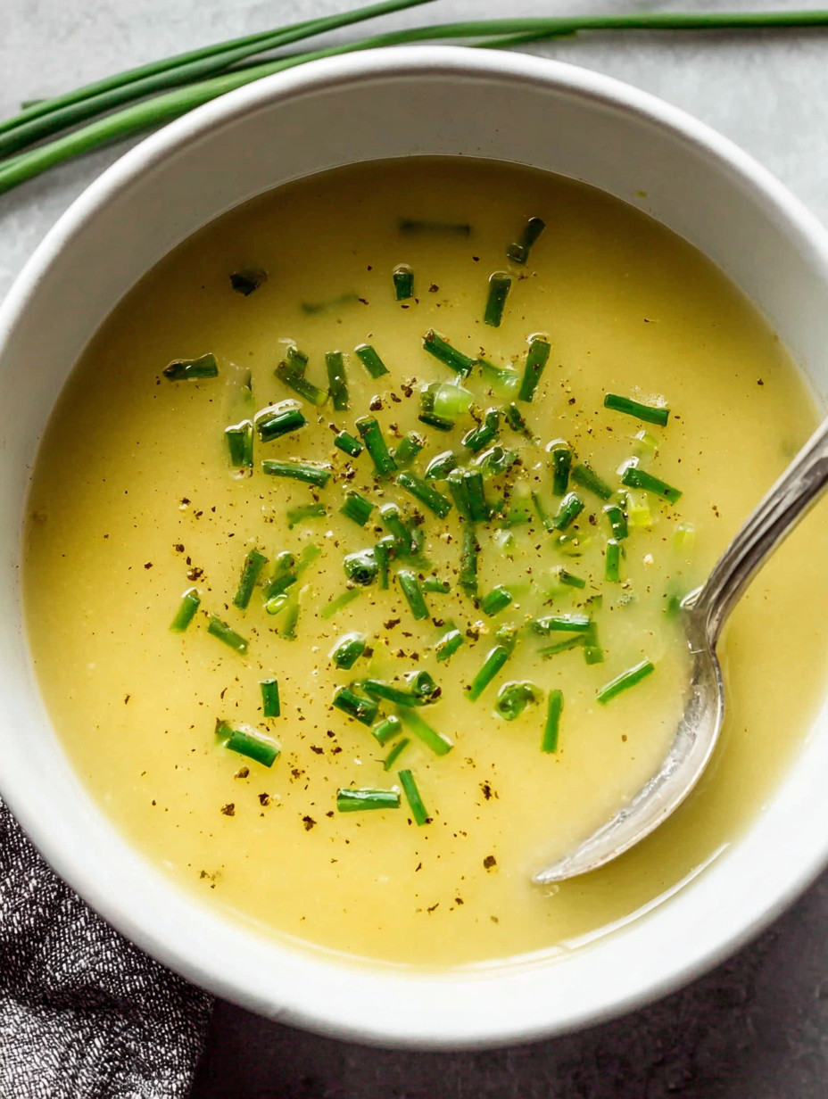 A bowl of soup with green garnish.