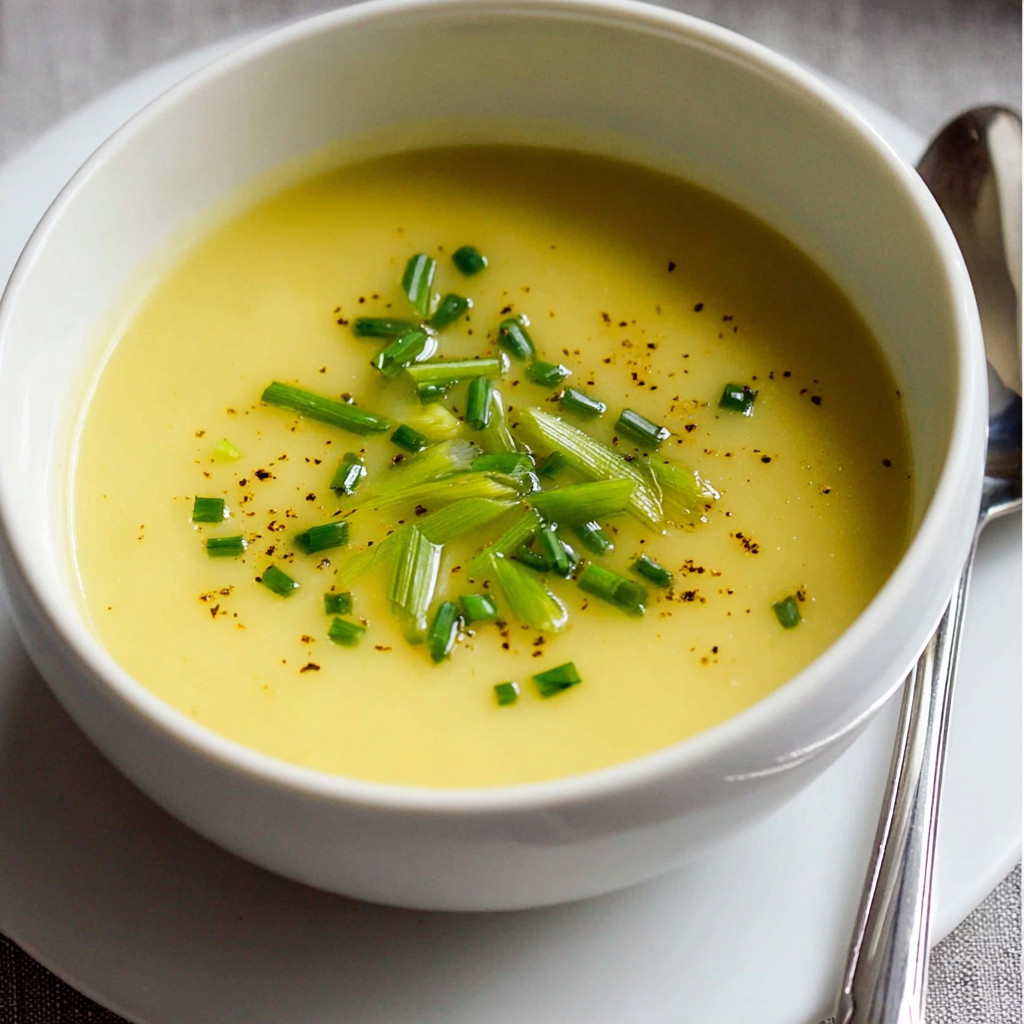 A bowl of soup with green onions in it.