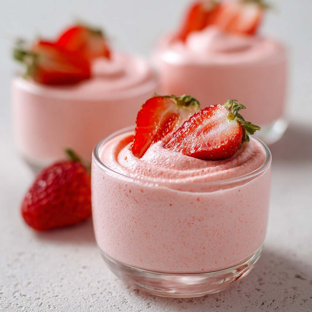 A glass of strawberry mousse with strawberries on the side.