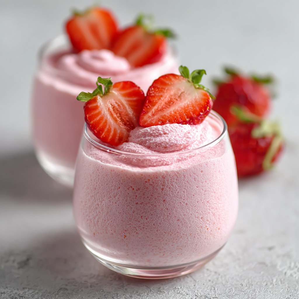 A glass of strawberry mousse with strawberries on top.