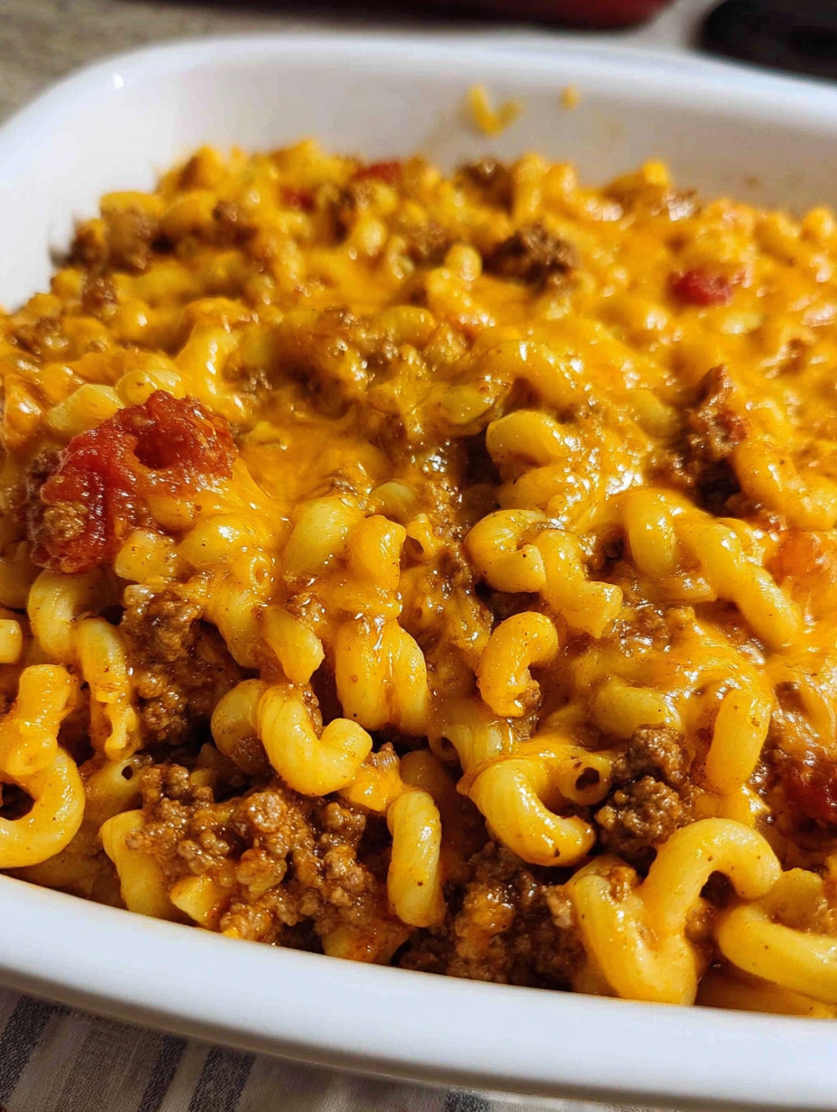 A close up of a cheesy beef and macaroni casserole.