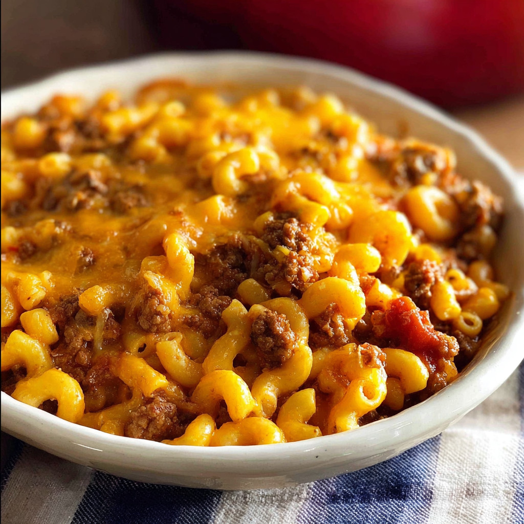 A bowl of cheesy beef and macaroni casserole.