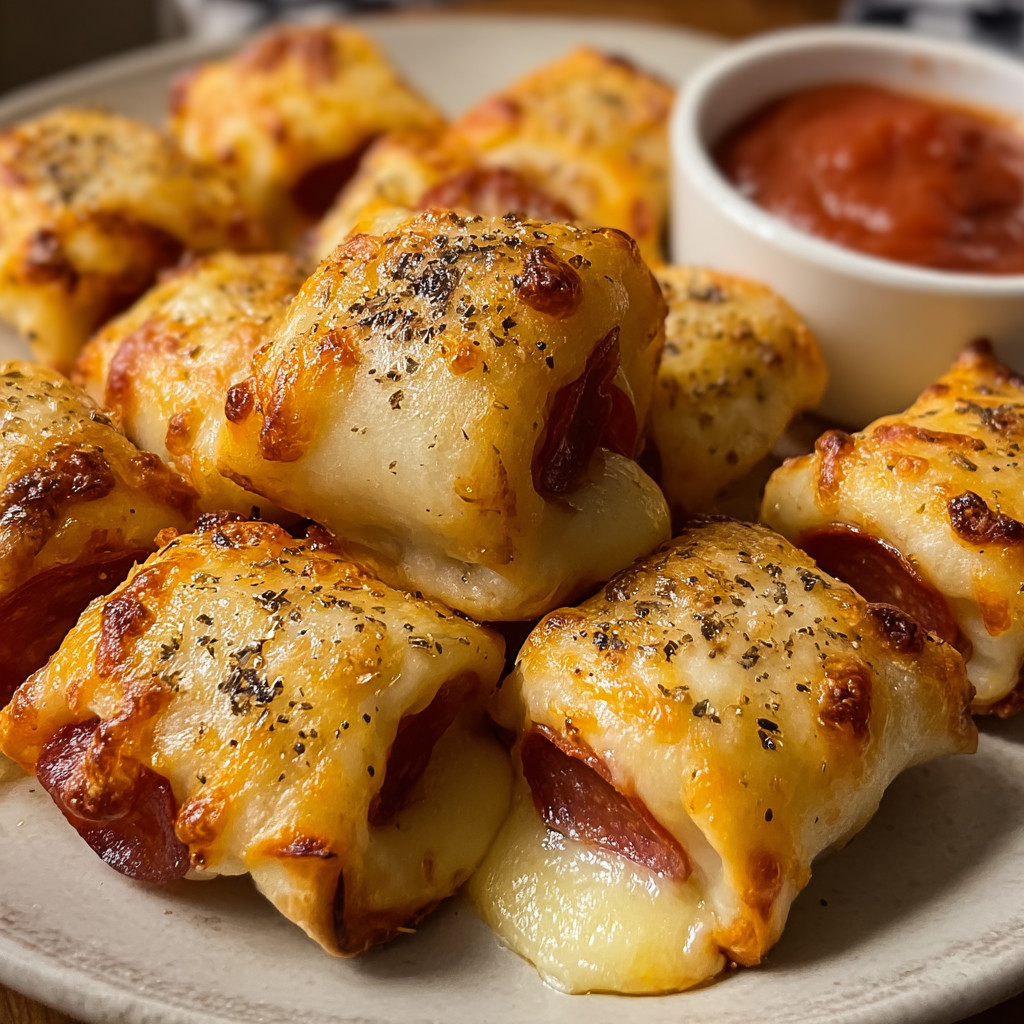 A plate of cheesy pepperoni pizza rolls.