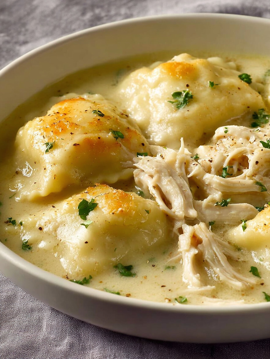 A bowl of chicken and dumplings.