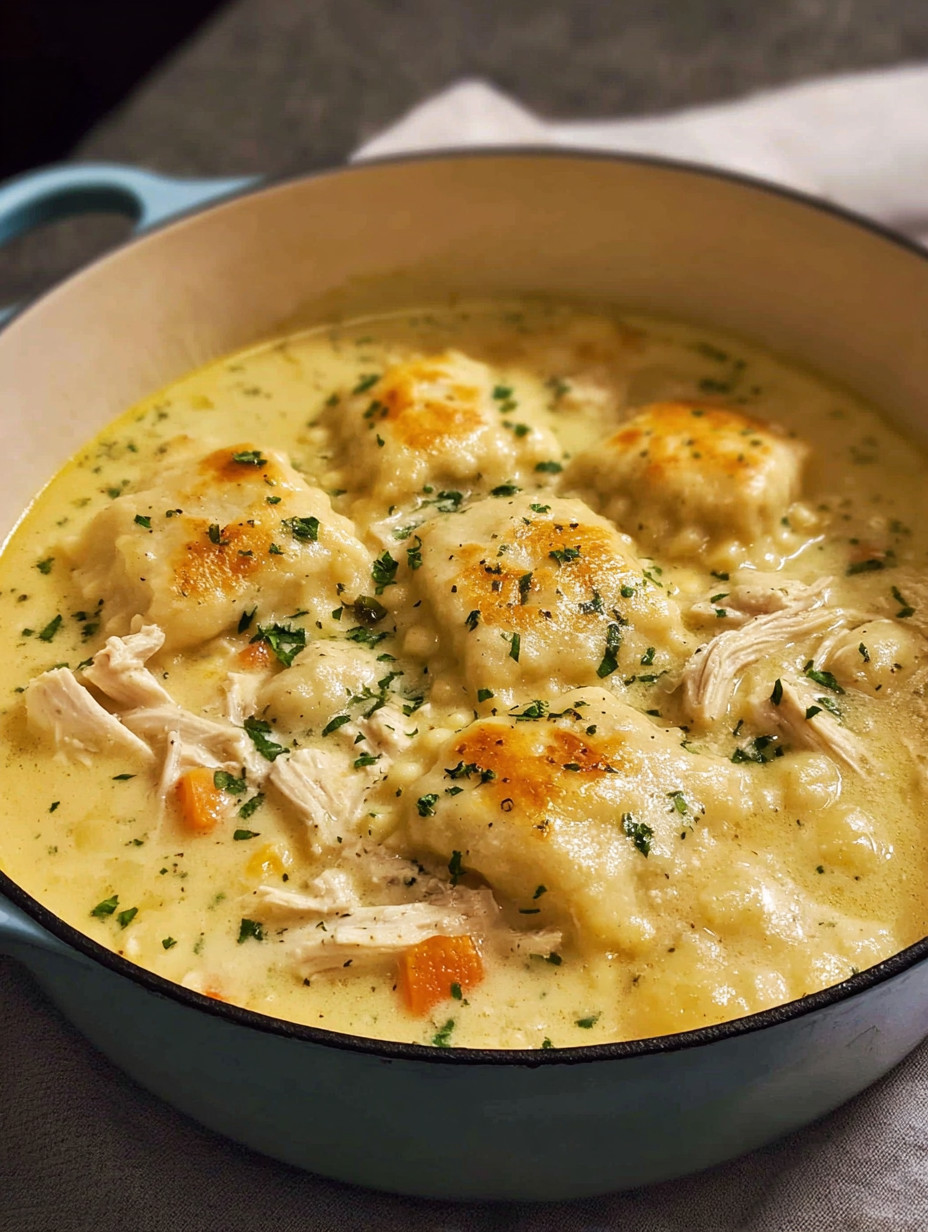 A bowl of chicken and dumplings.