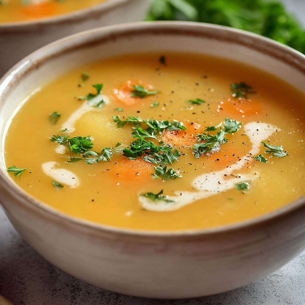 A bowl of creamy potato carrot soup.