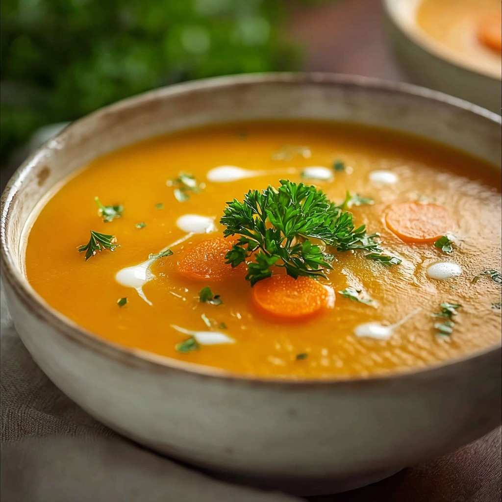 A bowl of creamy potato carrot soup.