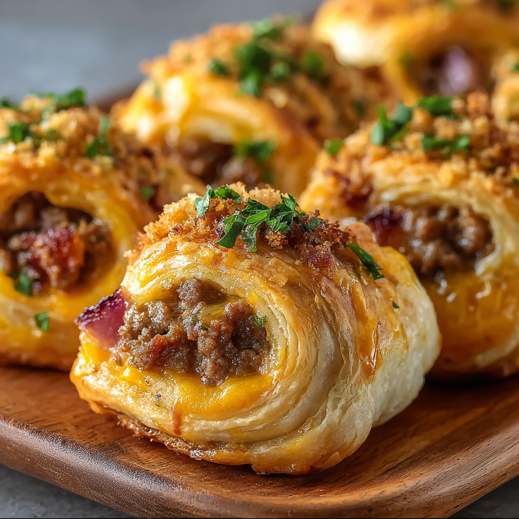 A plate of garlic butter bacon cheeseburger rollups.