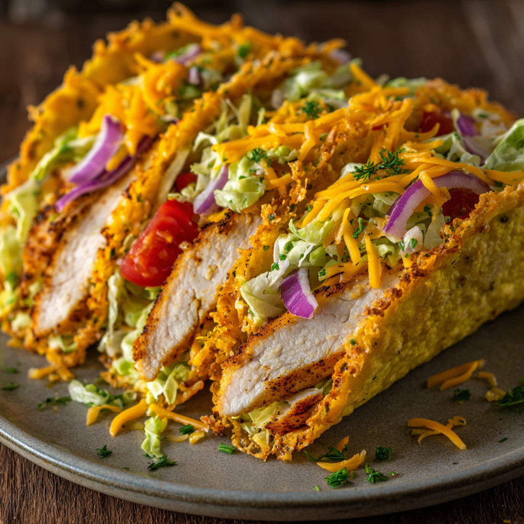 A plate of chicken tacos with lettuce, tomato, and cheese.