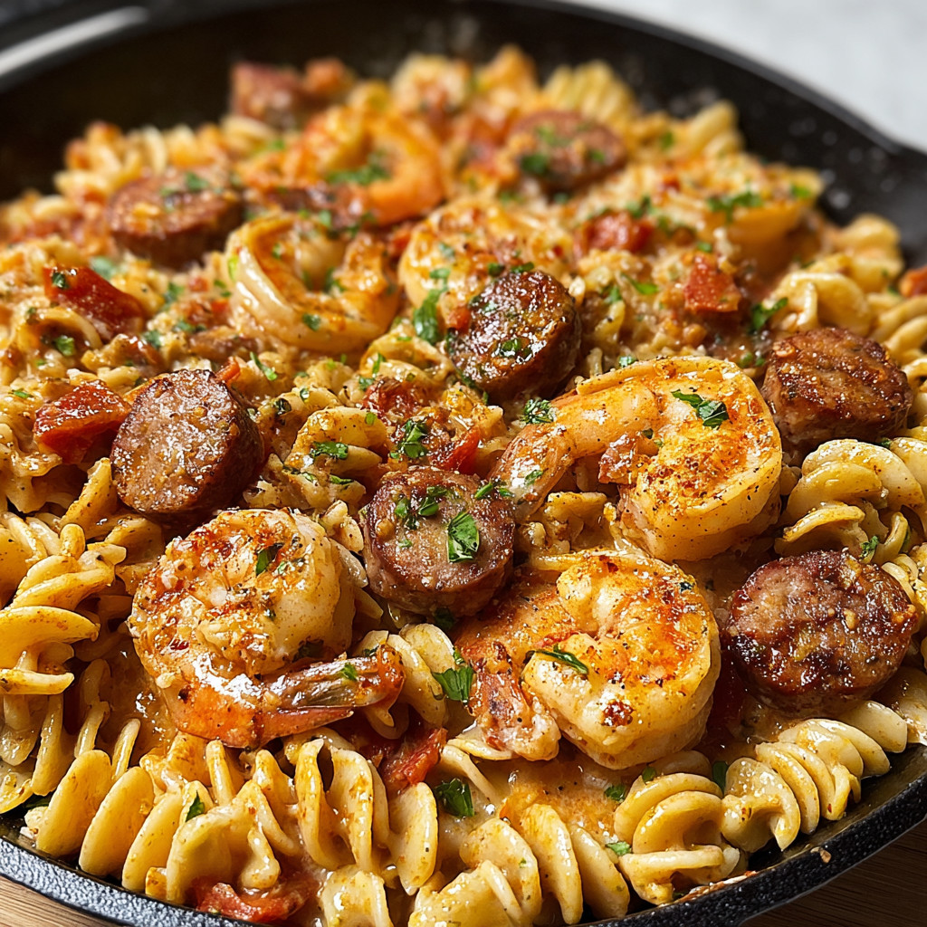A skillet full of Cajun Ranch Shrimp and Sausage Pasta.
