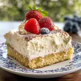 A slice of tres leches cake with strawberries on top.