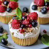 A cupcake with raspberries and blueberries on top.