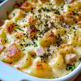 A dish of scalloped potatoes and ham.