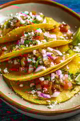 A plate of tacos de papa with tomatoes, onions, and cheese.