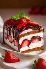 A slice of strawberry ice cream cake.
