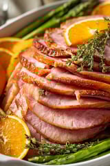 A spiral ham is glazed with orange juice and sliced oranges.