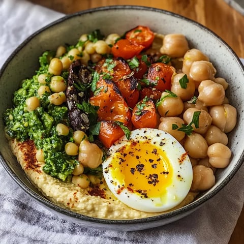 A bowl of Mediterranean hummus with a fried egg on top.