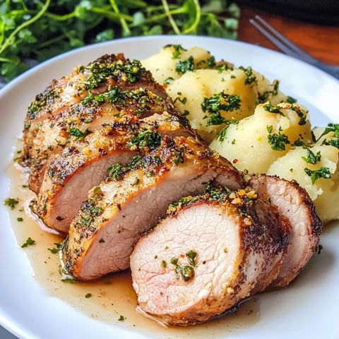 A plate of food with a pork tenderloin and potatoes.