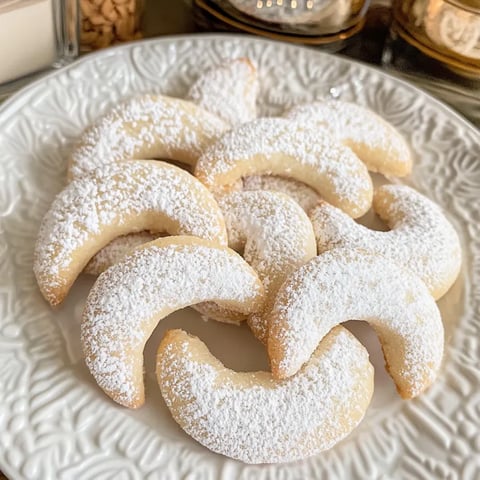 A plate of almond crescent cookies.