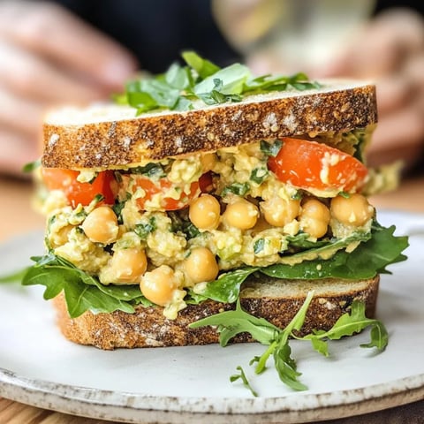 A sandwich with chickpea salad and tomato on a plate.