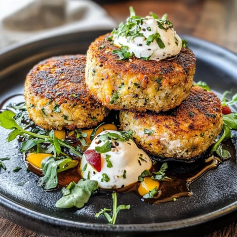 Three tuna cakes on a plate.