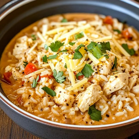 A bowl of soup with chicken and cheese.