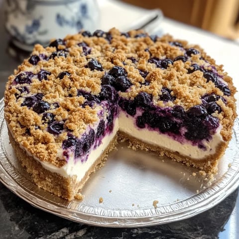 A slice of blueberry crumble cheesecake.
