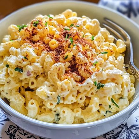 A bowl of macaroni salad with cheese and seasoning.