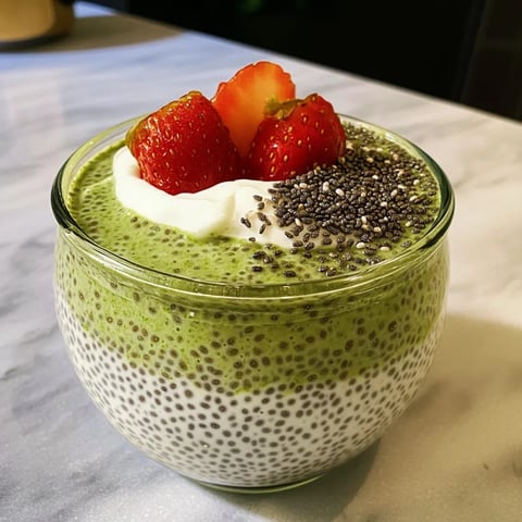 A glass of green chia pudding with strawberries on top.