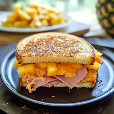 A sandwich with ham and pineapple on it.