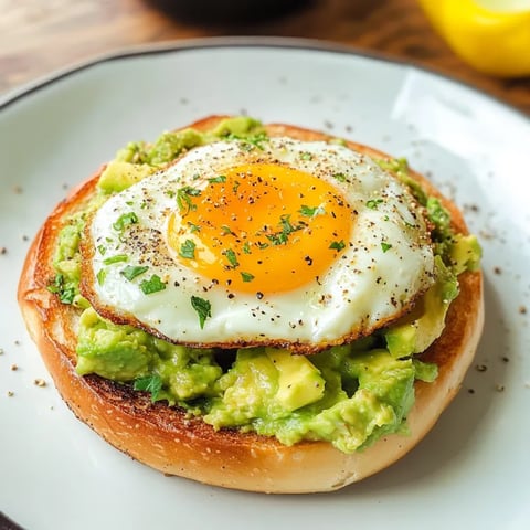 A bagel with an egg in the middle and smashed avocado on top.