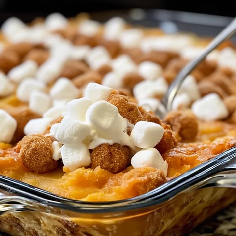 A dish of sweet potato casserole with marshmallows.