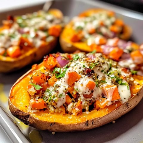 Baked sweet potatoes with chickpeas.